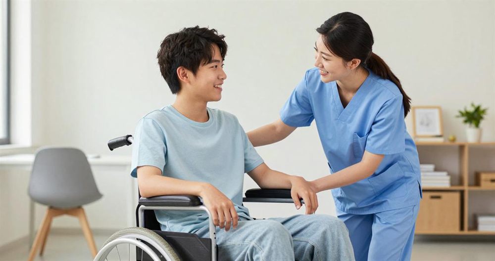 A support worker and a young person using a wheelchair talking together