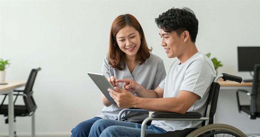 A participant reading Motherly Health Care resources on a tablet